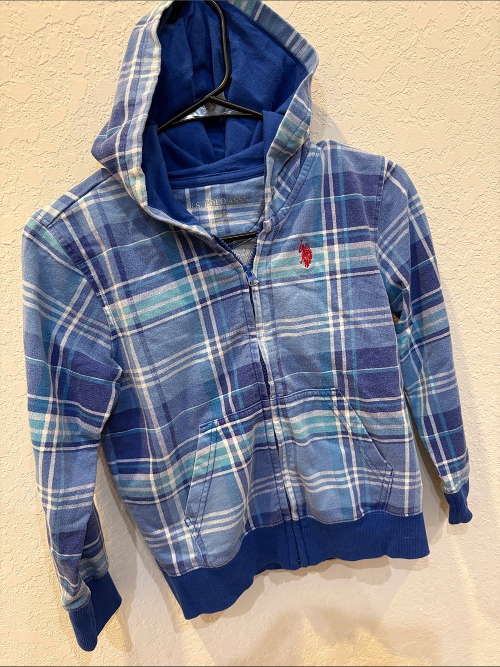 Polo by Ralph Lauren Blue Plaid Zip-Up Hoodie with Red Pony
